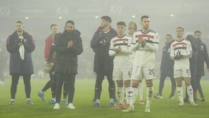 <p>Manchester United manager Ruben Amorim (second left) and his players applaud the fans after the Premier League match at Molineux Stadium, Wolverhampton. Pic: Nick Potts/PA Wire.</p>