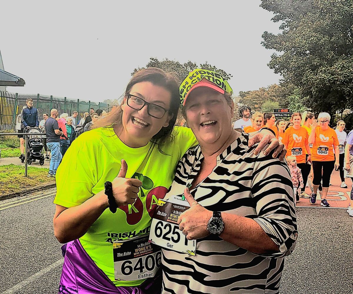 Esther McCarthy and Ger Harkins at the finish line Cork Echo Women's Mini Marathon 2024 taking part to raise funds for the Irish Kidney Association. Esther McCarthy and Ger Harkins at the finish line Cork Echo Women's Mini Marathon 2024 taking part to raise funds for the Irish Kidney Association.