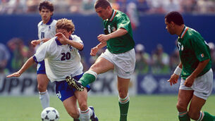 <p>Roy Keane and Paul McGrath during the game against Italy at the 1994 World Cup in the US. Photo: INPHO/Allsport</p>