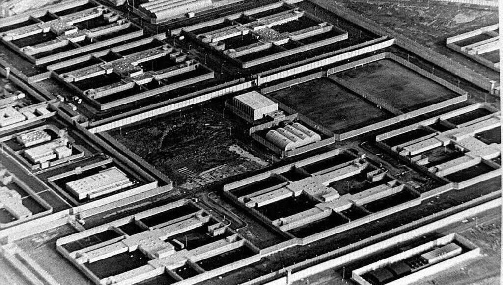 Ariel view of the "H" Blocks at the Maze Prison, near Belfast, Northern Ireland where many IRA prisoners were held. Gébler visited the prison for many years, teaching the inmates how to write. 