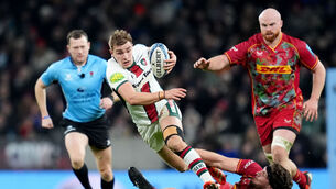 <p>Leicester Tigers' Jack van Poortvliet gets away from Harlequins' Dino Lamb during the Gallagher Premiership match at the Allianz Stadium. Pic: Adam Davy/PA Wire.</p>