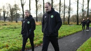 <p>Republic of Ireland's interim assistant coach Colin Healy and Denise O'Sullivan during a pre-match walk near their team hotel before the UEFA Women's Nations League B match between Northern Ireland and Republic of Ireland at the National Football Stadium at Windsor Park in Belfast. Photo by Stephen McCarthy/Sportsfile</p>