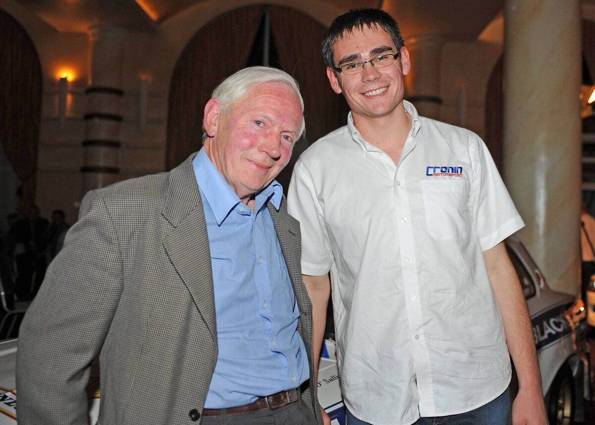 Billy Coleman, the 1974 British Rally champion (left) and Keith Cronin, the 2009 British Rally champion pictured on the first occasion that they met following Cronin's BRC success in 2009. Cronin was the second Irish driver to win the BRC. Picture: Martin Walsh. 