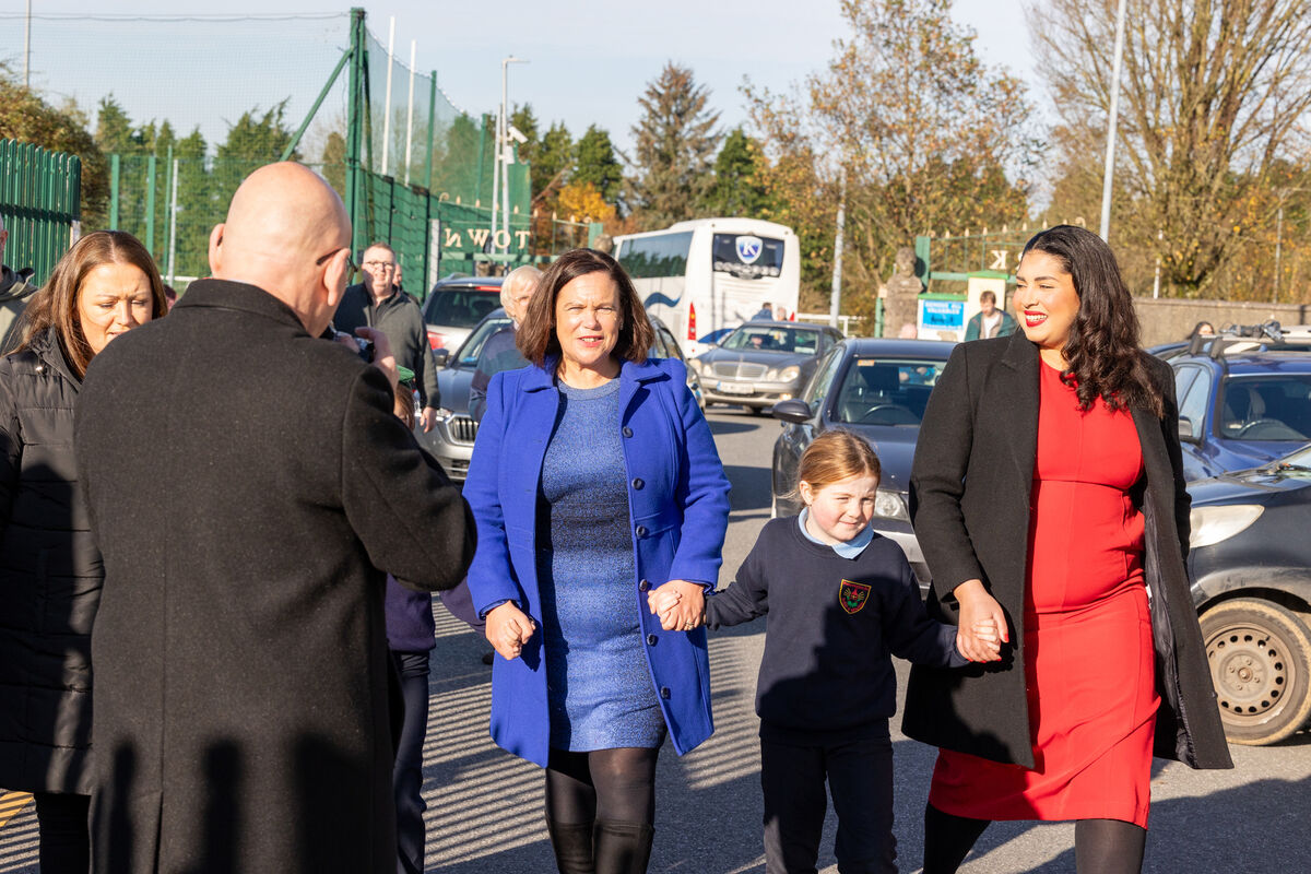 Sinn Féin party leader Mary Lou McDonald, with a pupil from Presentation National School in Milstreet, in the Cork North West constituency with her candidate, drugs awareness campaigner, Nicole Ryan. Picture: Neil Michael. Sinn Féin party leader Mary Lou McDonald, with a pupil from Presentation National School in Milstreet, in the Cork North West constituency with her candidate, drugs awareness campaigner, Nicole Ryan. Picture: Neil Michael.