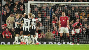 <p>Newcastle United's Alexander Isak, second left,  celebrates with teammates after scoring their side's first goal of the game. 	Picture: Martin Rickett/PA </p>