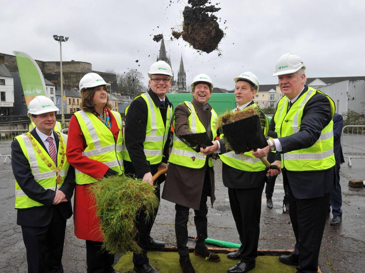 On February 12, 2016, then lord mayor Chris O'Leary, tánaiste Joan Burton, agriculture minister Simon Coveney, Live Nation CEO Mike Adamson, taoiseach Enda Kenny, and BAM CEO Theo Cullinane turned the sod on the Cork event centre site. Picture: Daragh McSweeney/Provision