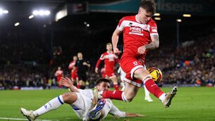 <p>WANTED MAN: Middlesbrough's on-loan starlet Ben Doak is challenged by Wilfried Gnonto of Leeds. Liverpool value the Scottish youngster well above initial offers of around £15m </p>