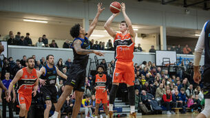 <p>Ethan McKeon of Killester shoots and score against Tralee Warriors</p>