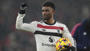 <p>Manchester United's Amad Diallo reacts at the end. Pic: AP Photo/Jon Super</p>