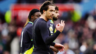 <p>Manchester City's Jack Grealish gestures to the crowd after the Premier League match at Villa Park las month. Pic: Mike Egerton/PA Wire.</p>