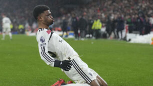 <p>Manchester United's Amad Diallo celebrates after scoring a late equaliser against Liverpool. Picture: AP Photo/Jon Super</p>