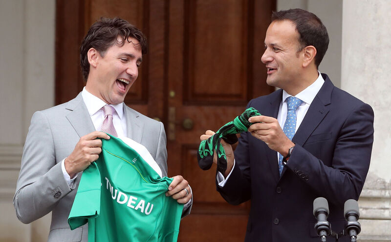 Then taoiseach Leo Varadkar presents Justin Trudeau with some Irish themed socks during his visit to Dublin in 2017. Then taoiseach Leo Varadkar presents Justin Trudeau with some Irish themed socks during his visit to Dublin in 2017.