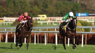 <p>ONES TO WATCH: Koktail Divin chases home Kaid D’authie at Leopardstown over Christmas. Both horses look smart prospects. 	Picture: Damien Eagers/PA </p>