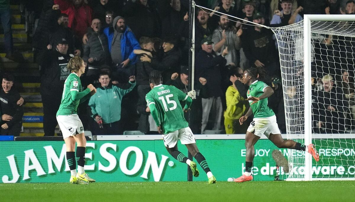 Plymouth Argyle's Michael Obafemi celebrates scoring. Pic: Adam Davy/PA Wire.