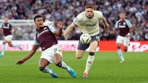 <p>CHANCE FOR MINUTES: Aston Villa's Ollie Watkins and Everton's Jake O'Brien battle for the ball. Pic: Bradley Collyer/PA Wire.</p>