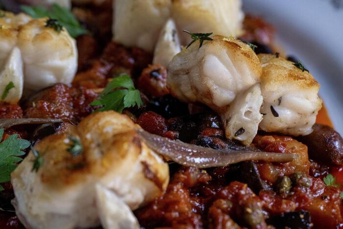 Monkfish with Aubergine Caponata