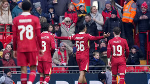 <p>Liverpool's Trent Alexander-Arnold celebrates scoring his side's second goal against Accrington Stanley in the FA Cup. Picture: Peter Byrne/PA Wire.</p>
