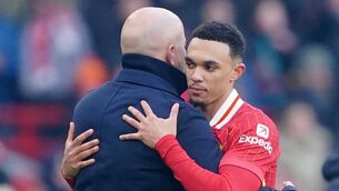 <p>TAA, LAD: Liverpool's Trent Alexander-Arnold (right) and Liverpool manager Arne Slot (left) embrace after being substituted during the Emirates FA Cup third round match at Anfield, Liverpool. Pic: PA Wire</p>