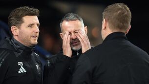 <p>HARD TO WATCH: Salford City manager Karl Robinson with Alex Bruce (left) and Director of Football/Assistant coach Ryan Giggs ahead of the Emirates FA Cup third round match at the Etihad Stadium, Manchester Pic: Martin Rickett/PA Wire</p>