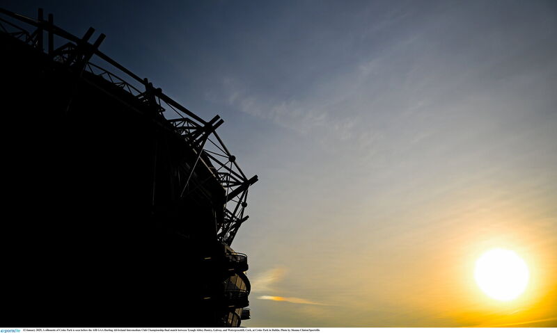 A silhouette of Croke Park is seen before the AIB GAA Hurling All-Ireland Intermediate Club Championship final match between Tynagh Abbey Duniry, Galway, and Watergrasshill, Cork, at Croke Park in Dublin. Photo by Shauna Clinton/Sportsfile A silhouette of Croke Park is seen before the AIB GAA Hurling All-Ireland Intermediate Club Championship final match between Tynagh Abbey Duniry, Galway, and Watergrasshill, Cork, at Croke Park in Dublin. Photo by Shauna Clinton/Sportsfile