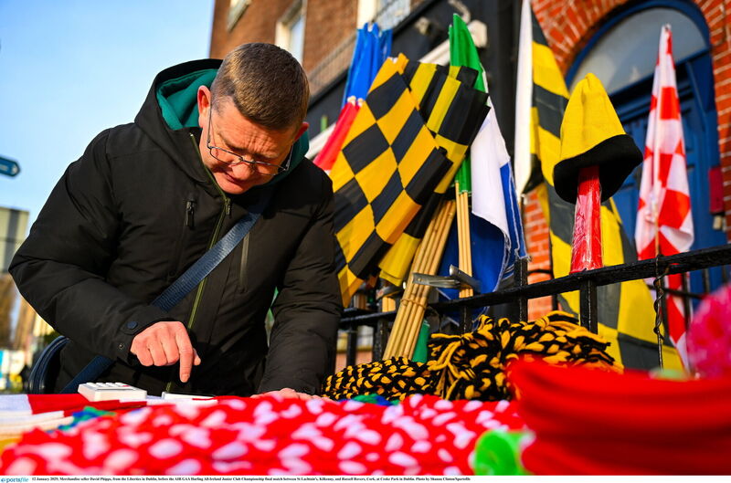 Merchandise seller David Phipps, from the Liberties in Dublin, before the AIB GAA Hurling All-Ireland Junior Club Championship final match between St Lachtain's, Kilkenny, and Russell Rovers, Cork, at Croke Park in Dublin. Photo by Shauna Clinton/Sportsfile Merchandise seller David Phipps, from the Liberties in Dublin, before the AIB GAA Hurling All-Ireland Junior Club Championship final match between St Lachtain's, Kilkenny, and Russell Rovers, Cork, at Croke Park in Dublin. Photo by Shauna Clinton/Sportsfile