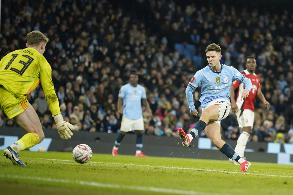 Manchester City's James McAtee scores his side's seventh goal. Pic: AP Photo/ Dave Thompson.