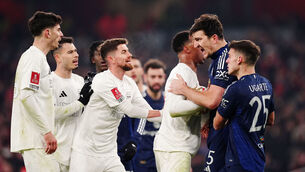 <p>FLASHPOINT: Tempers flare between Manchester United's Harry Maguire (right) and Arsenal's Kai Havertz (left) after Arsenal are awarded a penalty. Picture: Mike Egerton/PA Wire.</p>