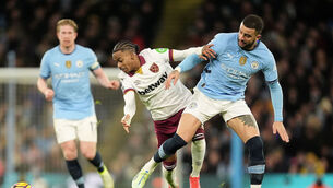 <p>Manchester City's Kyle Walker (right) and West Ham United's Crysencio Summerville battle for the ball. Picture: Martin Rickett/PA Wire.</p>