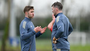 <p>Jack Crowley, left, and Peter O'Mahony during a Munster Rugby squad training. Pic: Brendan Moran/Sportsfile</p>
