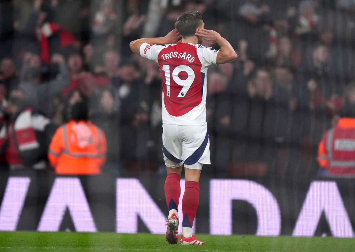Arsenal's Leandro Trossard celebrates scoring the second goal.