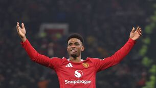 <p>HAT-TRICK: Amad Diallo of Manchester United scores a hat-trick to secure three points for Manchester United. Picture: Carl Recine/Getty Images</p>
