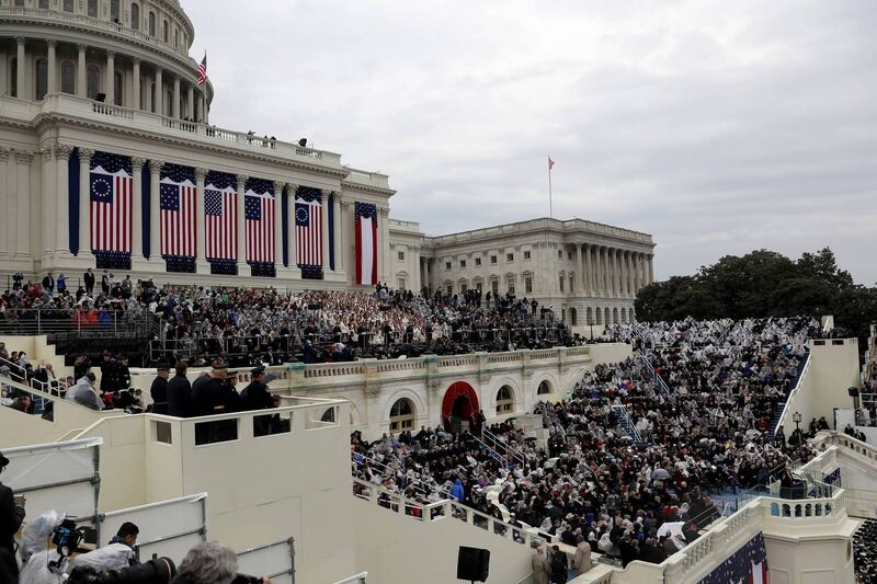 Donald Trump delivers his inaugural address when he first became US president in 2017. Picture: Joe Raedle/Getty Images