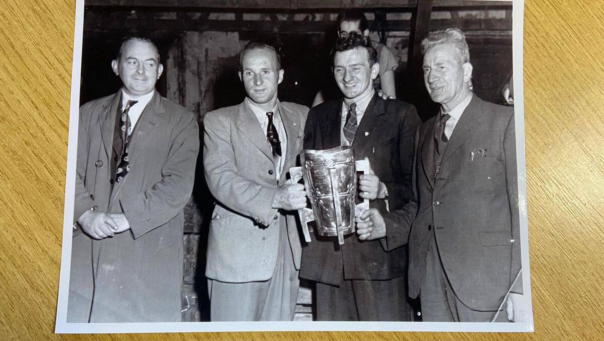 Andy Scannell, Christy Ring, Paddy Barry and coach Jim ‘Tough’ Barry at the homecoming of the All-Ireland winners, Cork, in 1952, after defeating Dublin