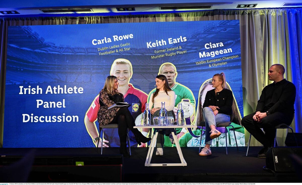 In attendance at Croke Park in Dublin, to mark the launch of the 2025 Lidl Ladies National Football Leagues are, from left, MC Marie Crowe, European 1500m Champion Ciara Mageean, Dublin footballer Carla Rowe and Keith Earls. Photo by Ramsey Cardy/Sportsfile 