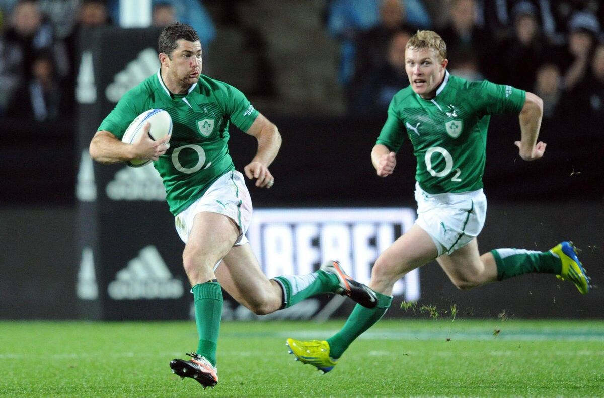 Rob Kearney, left, Ireland, and teammate Keith Earls, in action against New Zealand during the third test in Hamilton. Picture: Ross Setford / SPORTSFILE