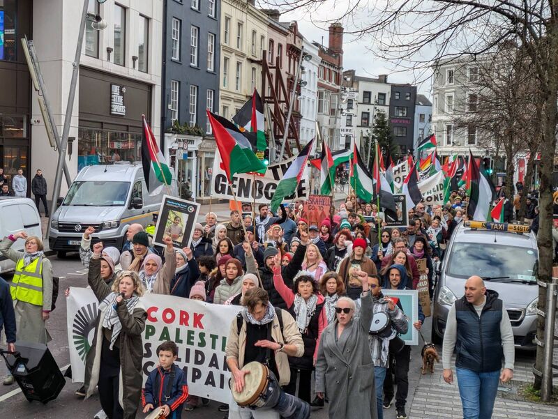 Hundreds of people gathered in Cork City, Ireland, on Saturday to celebrate the impending ceasefire in Gaza. Picture: CPSC Hundreds of people gathered in Cork City, Ireland, on Saturday to celebrate the impending ceasefire in Gaza. Picture: CPSC