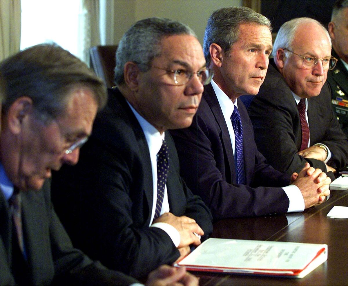 Then US president George W Bush with defence secretary Donald Rumsfeld, secretary of state Colin Powell, vice president Dick Cheney, and chairman of the joint chiefs of staff General Henry Shelton on September 12, 2001, the day after the 9/11 attacks. Picture: Doug Mills/AP