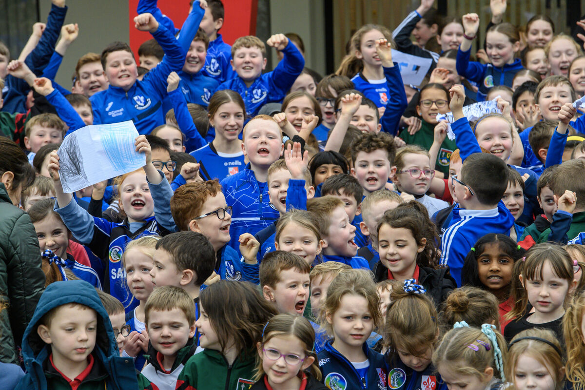 Pupils of Scoil Naomh Iosaf in Riverstown wearing the Sarsfield's colours in support of their team who will play Na Fianna in the AIB All-Ireland Club SHC final at Croke Park. Picture Dan Linehan Pupils of Scoil Naomh Iosaf in Riverstown wearing the Sarsfield's colours in support of their team who will play Na Fianna in the AIB All-Ireland Club SHC final at Croke Park. Picture Dan Linehan