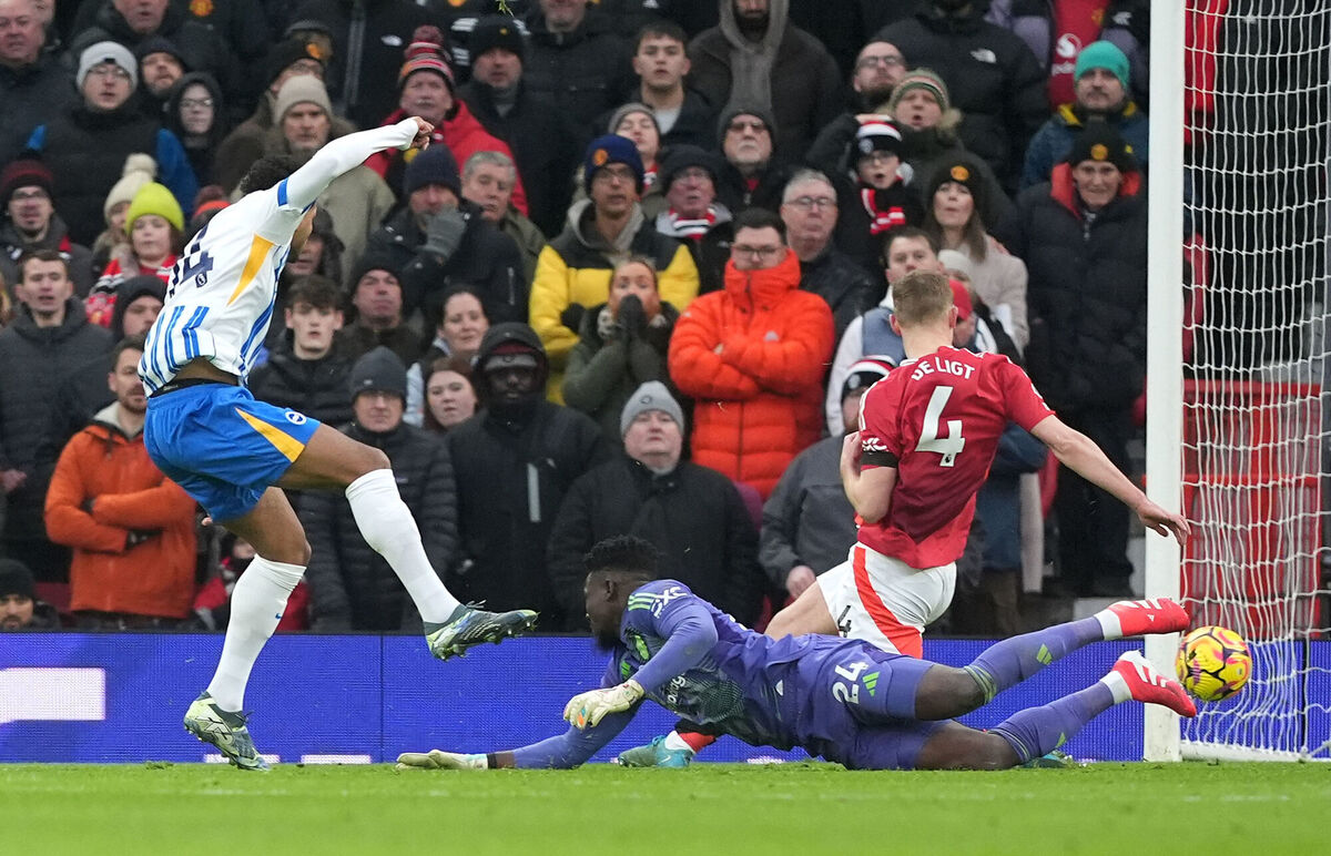 Brighton and Hove Albion's Georginio Rutter scores after Onana's mistake. Pic: Martin Rickett/PA Wire. Brighton and Hove Albion's Georginio Rutter scores after Onana's mistake. Pic: Martin Rickett/PA Wire.