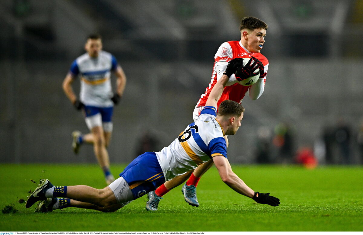 Conor Groarke of Cuala in action against Niall Kelly of Errigal Ciarán. Pic Ben McShane/Sportsfile Conor Groarke of Cuala in action against Niall Kelly of Errigal Ciarán. Pic Ben McShane/Sportsfile