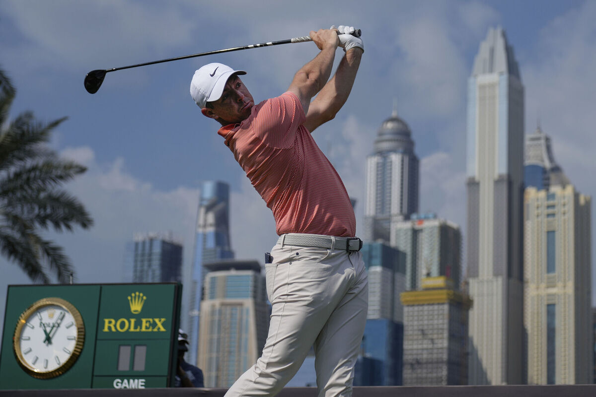 Rory McIlroy drives off the first tee during the final round of the Dubai Desert Classic. Picture: Altaf Qadri/AP