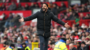 <p>Manchester United manager Ruben Amorim looks frustrated on the touchline (Martin Rickett/PA)</p>