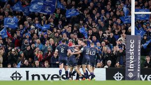 <p>ON THE MARCH, AGAIN: Leinster's Garry Ringrose celebrates scoring a try with teammates. Pic: ©INPHO/Laszlo Geczo</p>