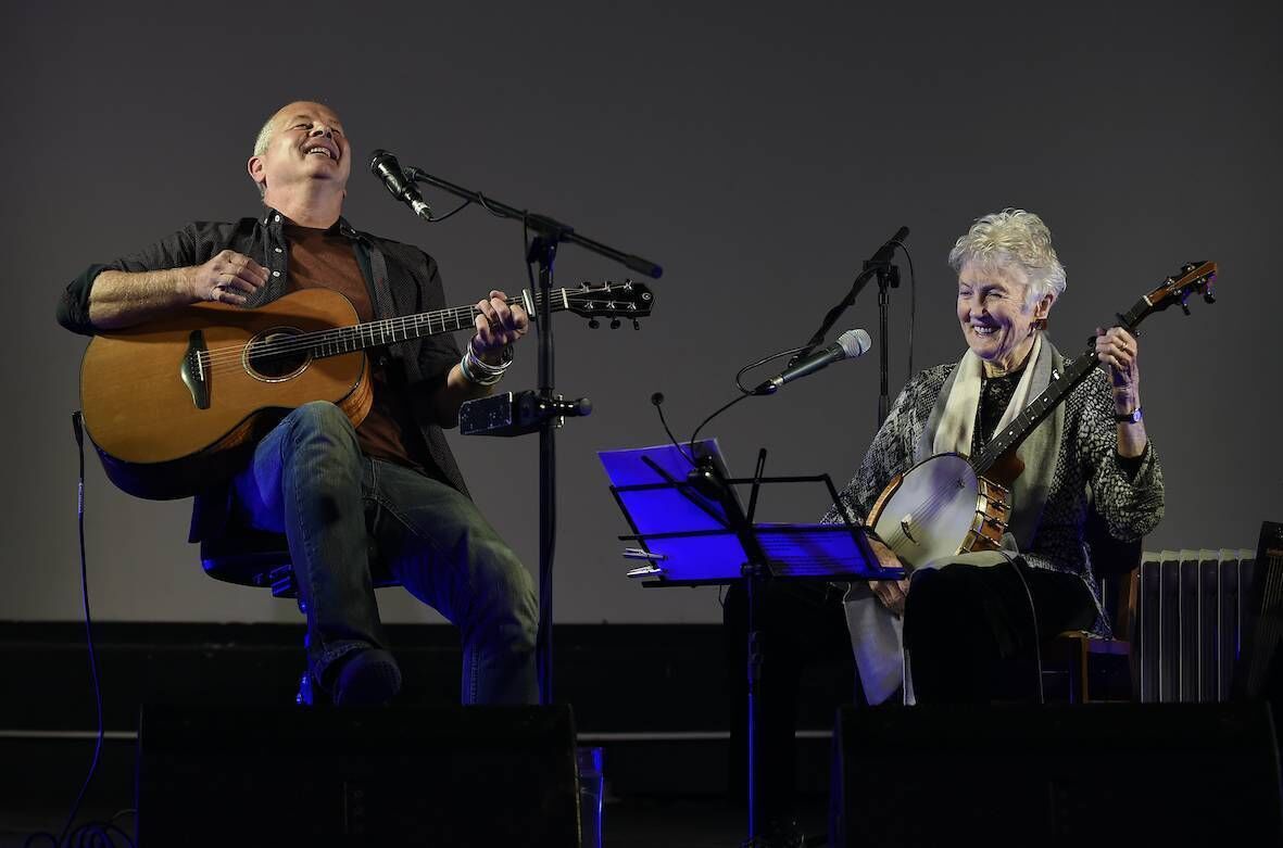 Peggy Seeger and her son Calum MacColl performing together. Picture: Laura Page.