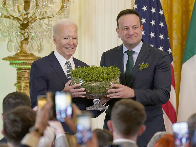 Then taoiseach Leo Varadkar and former US president Joe Biden during the St Patrick's Day shamrock ceremony at the White House last year. Picture: Niall Carson/PA Wire