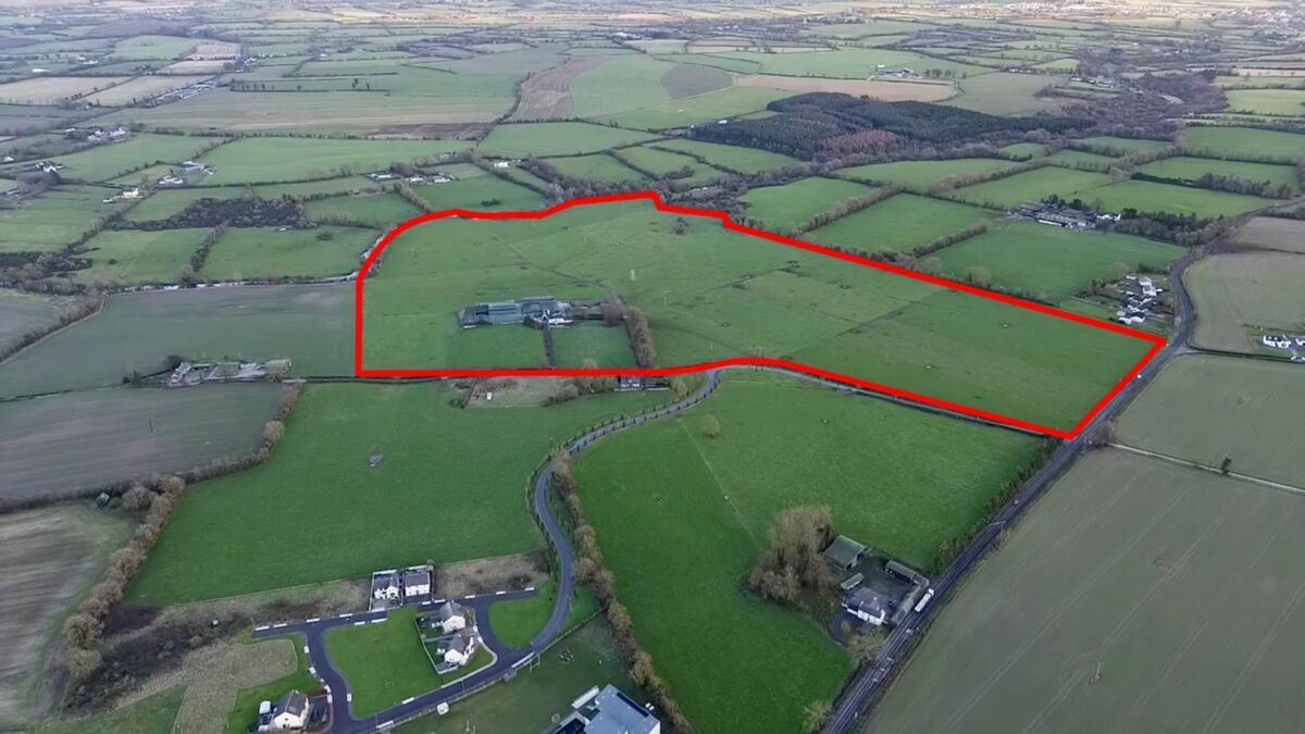 Aerial photo of Lot 1 of the 103-acre farm for auction at SlaneyQuarter, Tullow, Co Carlow.