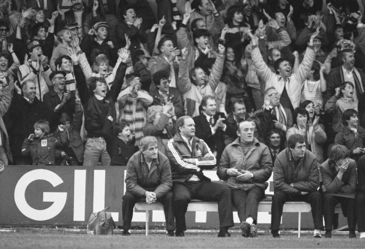 British football manager Ron Atkinson (second left) looks on in dismay as the Watford fans behind him celebrate. Pic: Frank Tewkesbury/Daily Express/Hulton Archive/Getty Images) British football manager Ron Atkinson (second left) looks on in dismay as the Watford fans behind him celebrate. Pic: Frank Tewkesbury/Daily Express/Hulton Archive/Getty Images)