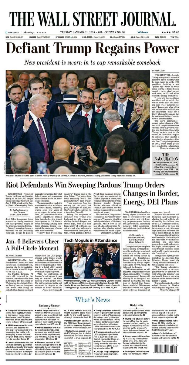 Front page of Wall Street Journal, January 21 2025 Source: Twitter/X