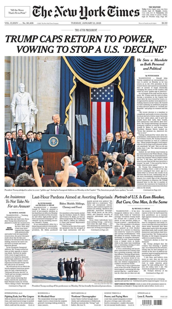 New York Times front page, January 21, 2025