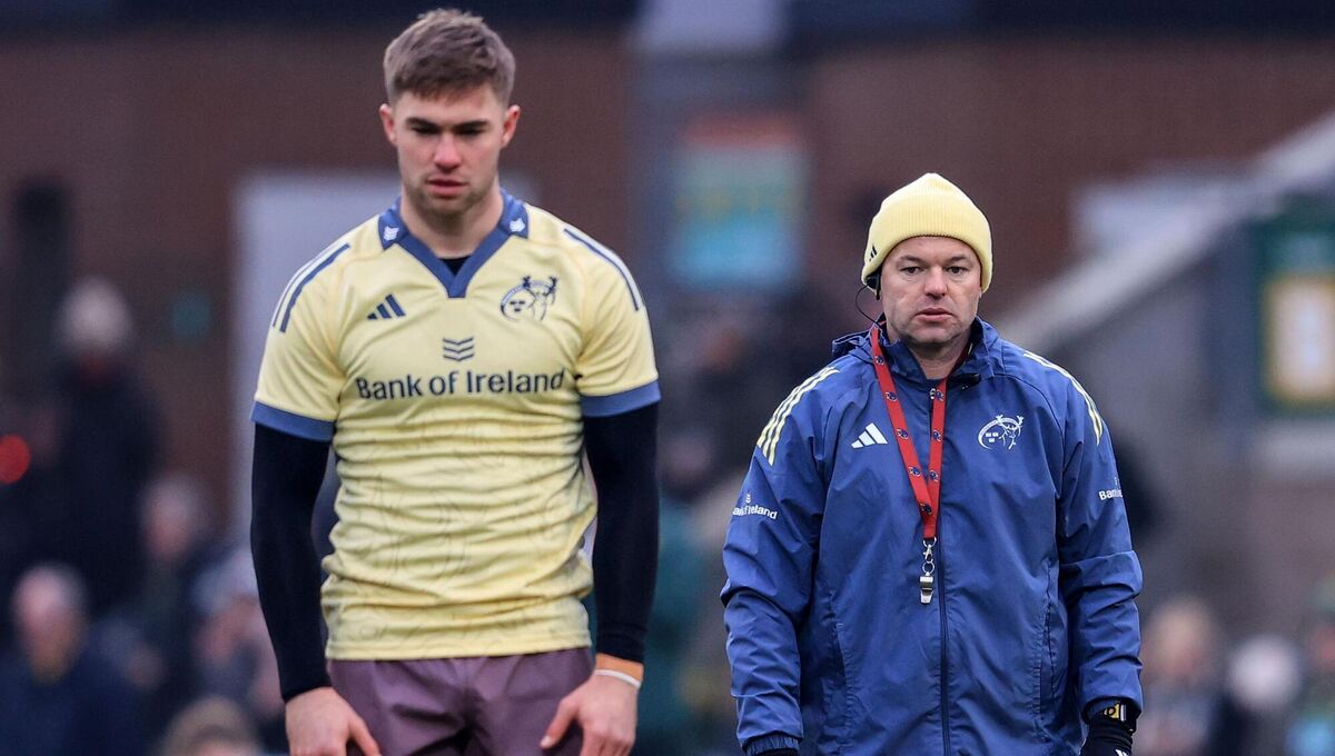 Munster skills coach Mossy Lawler looks on as Jack Crowley takes a practice kick ahead of the Champions Cup game against Northampton. Picture: ©INPHO/Dan Sheridan Munster skills coach Mossy Lawler looks on as Jack Crowley takes a practice kick ahead of the Champions Cup game against Northampton. Picture: ©INPHO/Dan Sheridan
